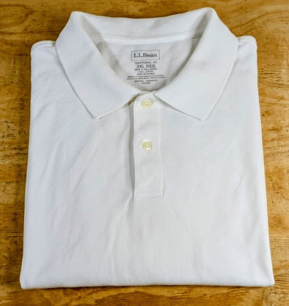 LL Bean Mens 3XL Polo Shirt White Short Sleeve 100% Cotton Traditional Fit Pique